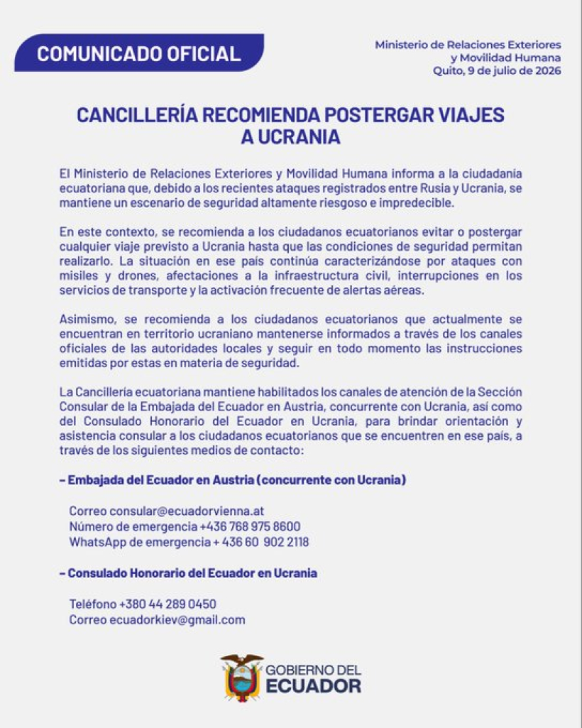 Comunicado de la Cancilleria de Ecuador sobre la situación en Ucrania, el 9 de julio de 2026. Cancillería de Ecuador